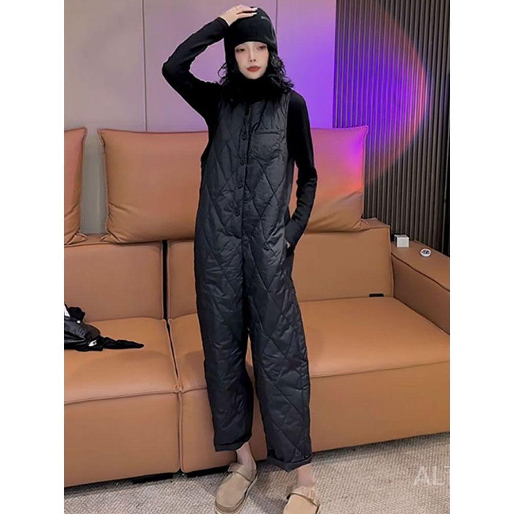 블랙 오버핏 다이아퀼팅 패딩점프수트 여성겨울점프수트 유럽 민소매 - 상세 이미지 4