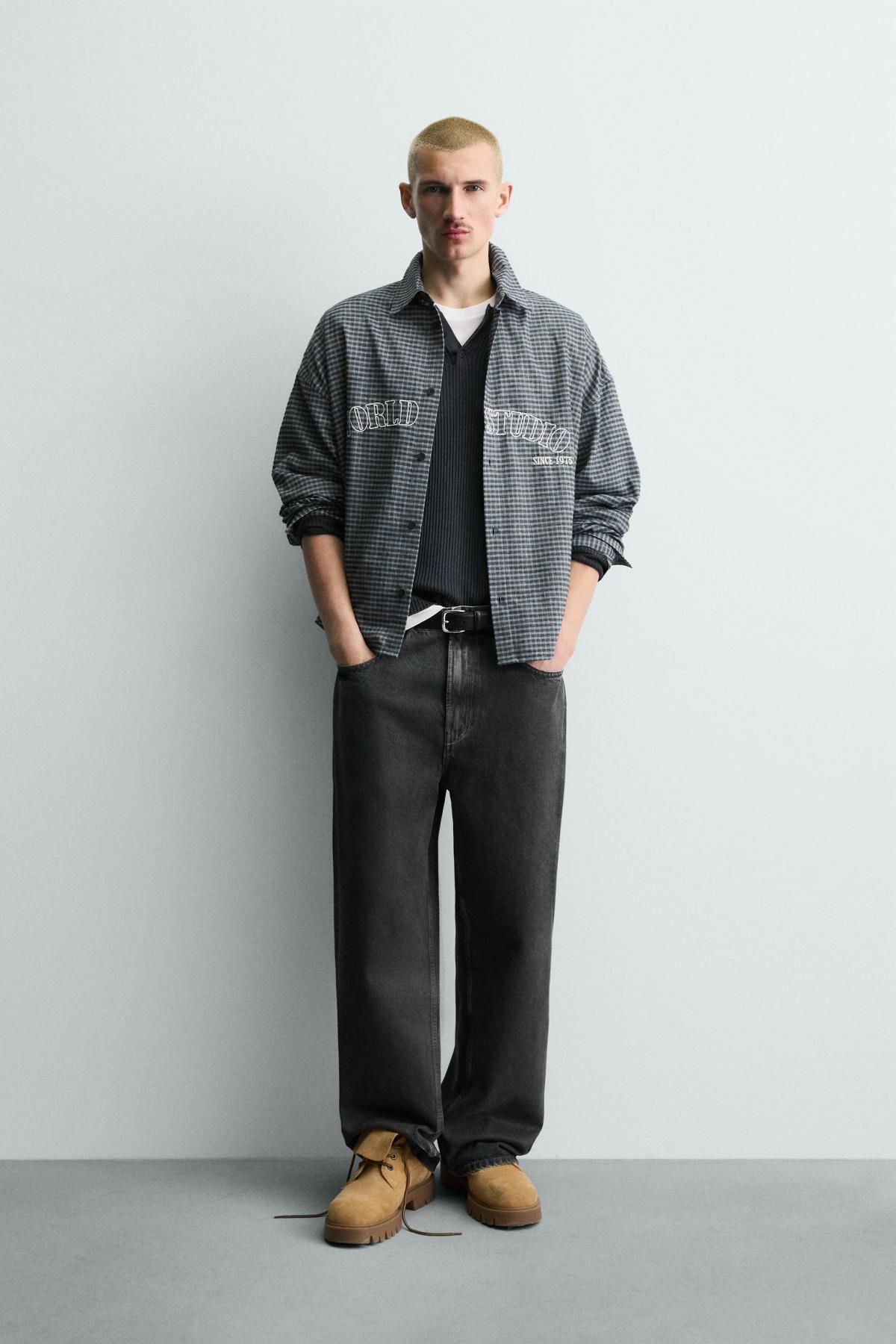 자라 테크니컬 체크 자수 긴팔셔츠 남성 7446/328 BLUE/BLACK - 상세 이미지 2