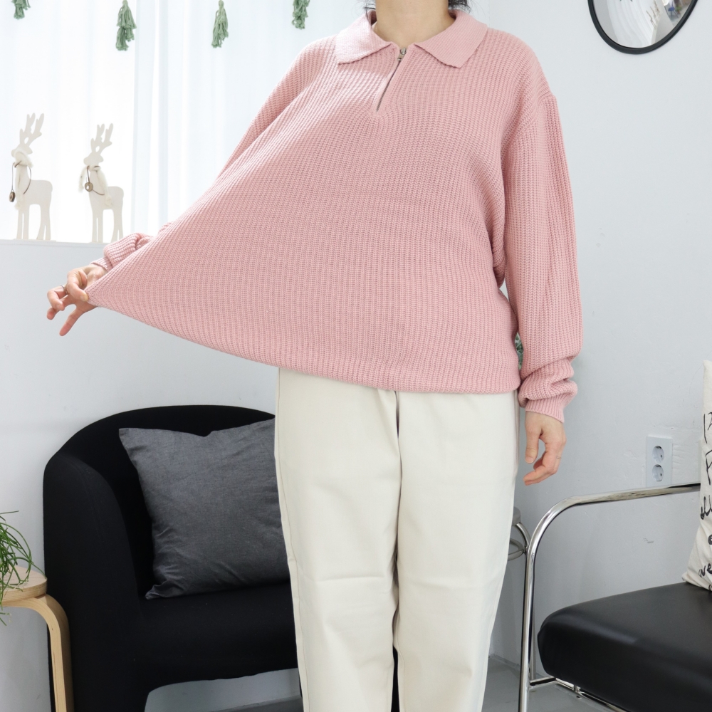 4XL 빅사이즈 카라 지퍼 니트 티셔츠 박시 오버핏 인디핑크 아이보리 긴팔 롱니트티 - 상세 이미지 2
