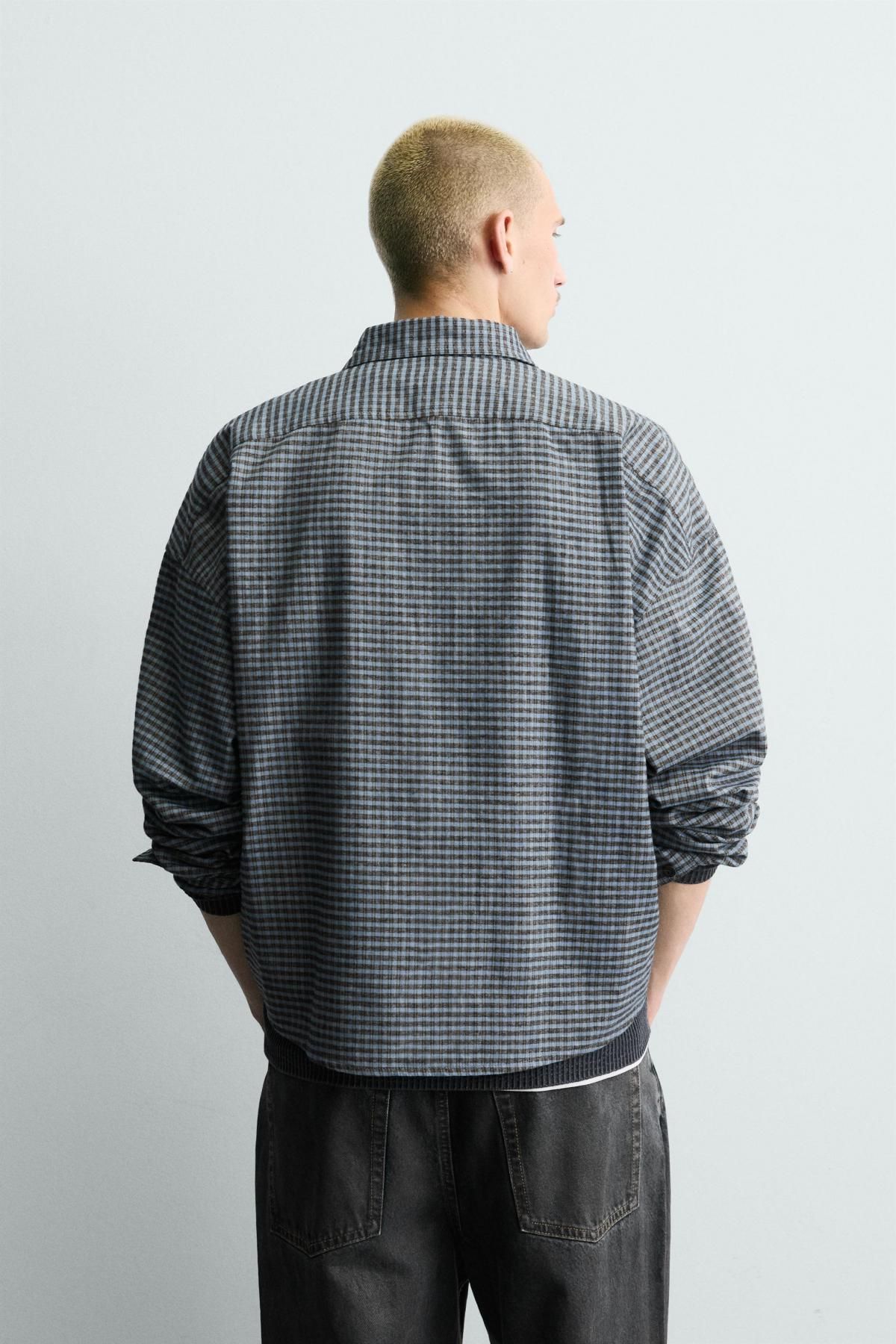 자라 테크니컬 체크 자수 긴팔셔츠 남성 7446/328 BLUE/BLACK - 상세 이미지 4