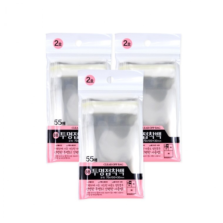 투명접착백 2호(70x100+30mm 55매)-3개 투명접착백 투명비닐 접착비닐 포장비닐 선물 비닐봉투 - 상품 이미지