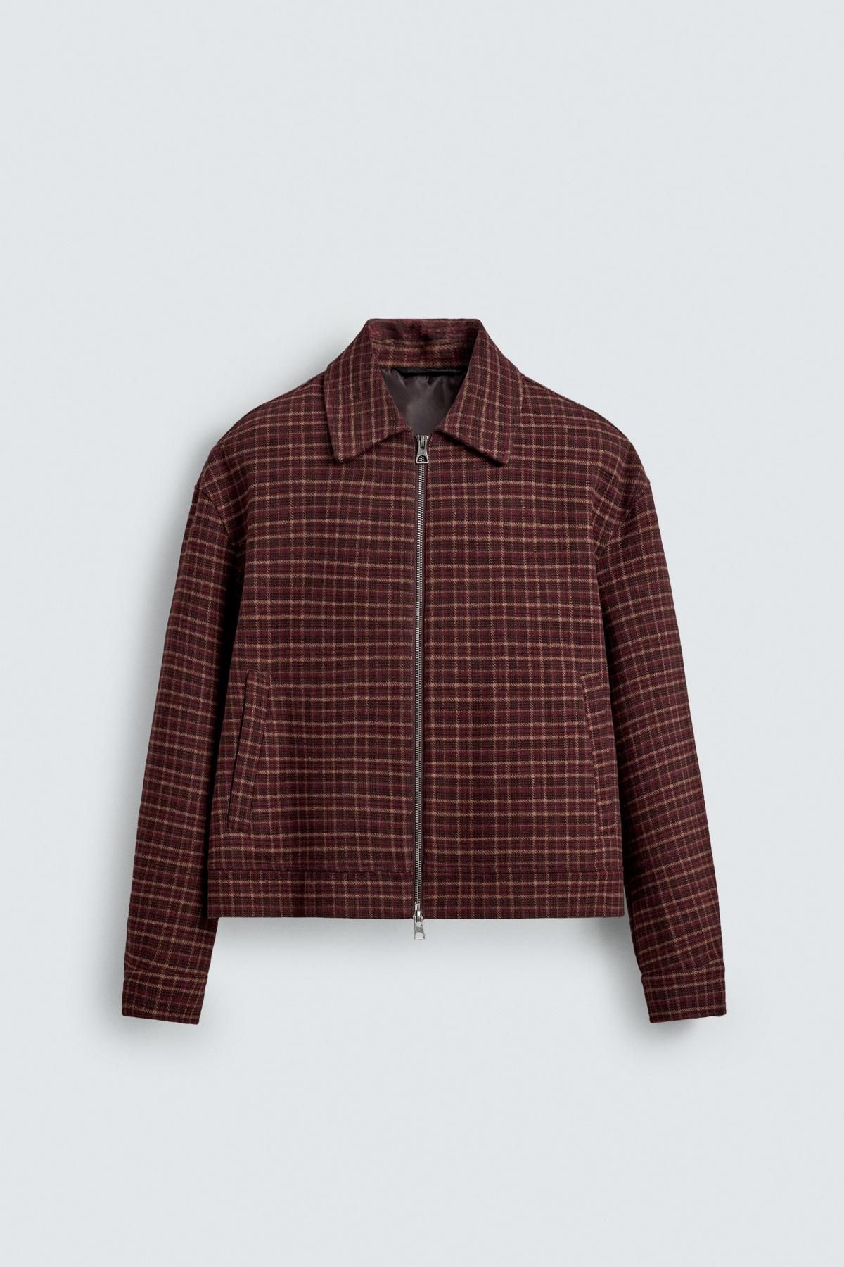 자라 테크니컬 체크 울블렌드 집업 재킷 0155/355 BURGUNDY - 상품 이미지