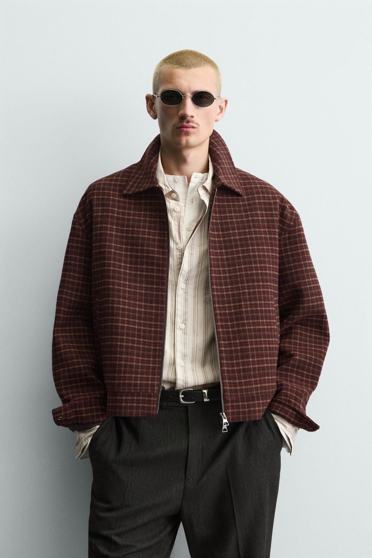 자라 테크니컬 체크 울블렌드 집업 재킷 0155/355 BURGUNDY - 상세 이미지 3