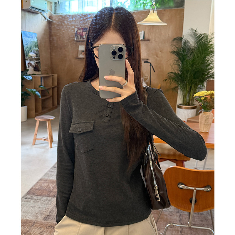 여성 베이직 슬림핏 헨리넥 라운드넥 포켓 긴팔티 데일리 캐주얼 티셔츠 간절기 봄 가을 - 상세 이미지 2