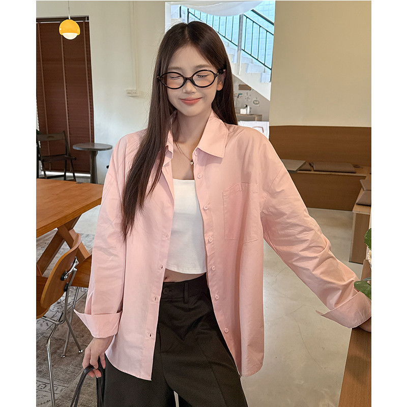 여성 오버핏 카라 코튼 긴팔 셔츠 베이직 데일리 오피스 단추 블라우스 봄 가을 - 상세 이미지 5