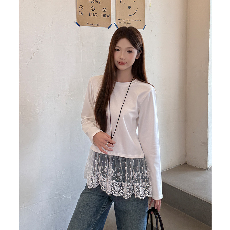여성 봄 가을 데일리 루즈핏 프릴 밑단 레이스 긴팔 티셔츠 코튼 스판 캐주얼 이너 기본 코디룩 - 상세 이미지 4