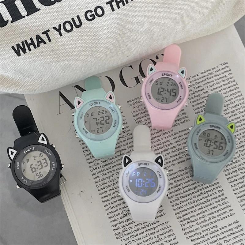 귀여운 고양이 전자 학생용 다기능 야광 스포츠 블랙 다이얼