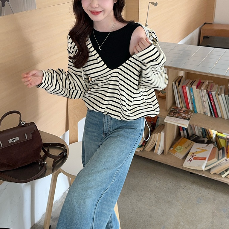 빅사이즈 스트라이프 후드티 루즈핏 페이크 레이어드 - 상세 이미지 3