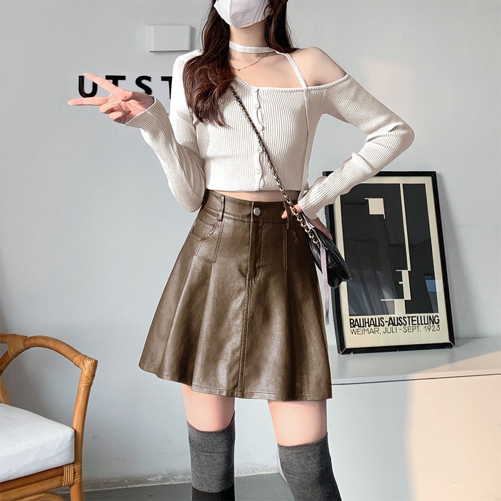 가죽 스커트 플레어 PU 여성 하이웨이스트 A라인 가을 bying24 이미지 7