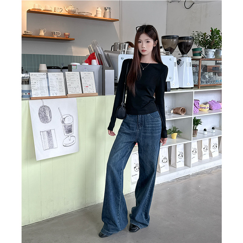 여성 라운드넥 긴팔 니트 티셔츠 백트임 레이스 시스루 슬림핏 데일리 기본티 가을 - 상세 이미지 2