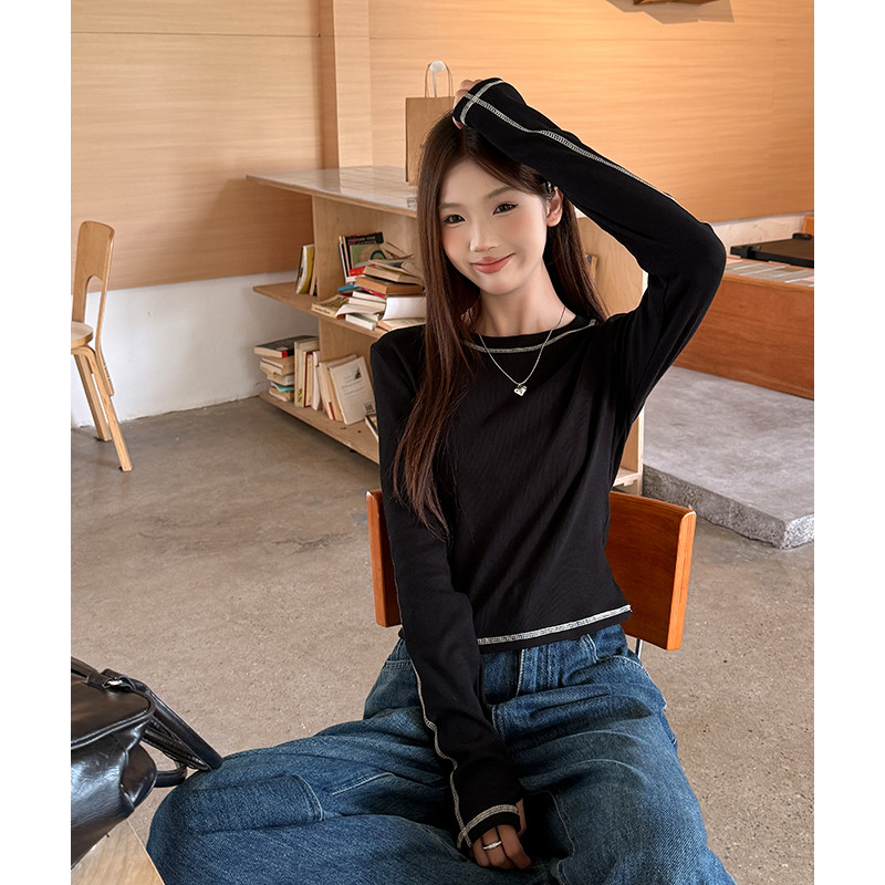 여성 데일리 슬림핏 라운드넥 긴팔 골지 티셔츠 가을 기본 베이직 이너 상의 - 상세 이미지 4