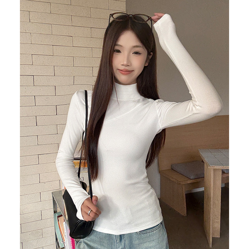 여성 베이직 슬림핏 골지 목폴라 긴팔 티셔츠 가을 겨울 데일리 이너웨어 - 상세 이미지 3