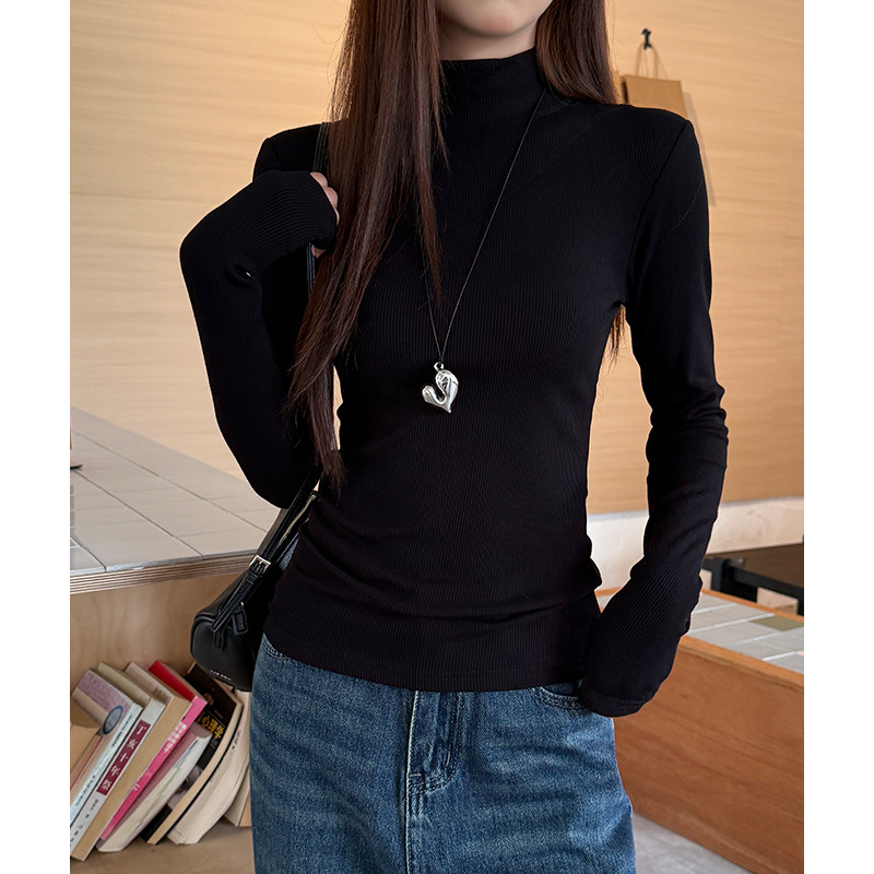 여성 베이직 슬림핏 골지 목폴라 긴팔 티셔츠 가을 겨울 데일리 이너웨어 - 상세 이미지 2