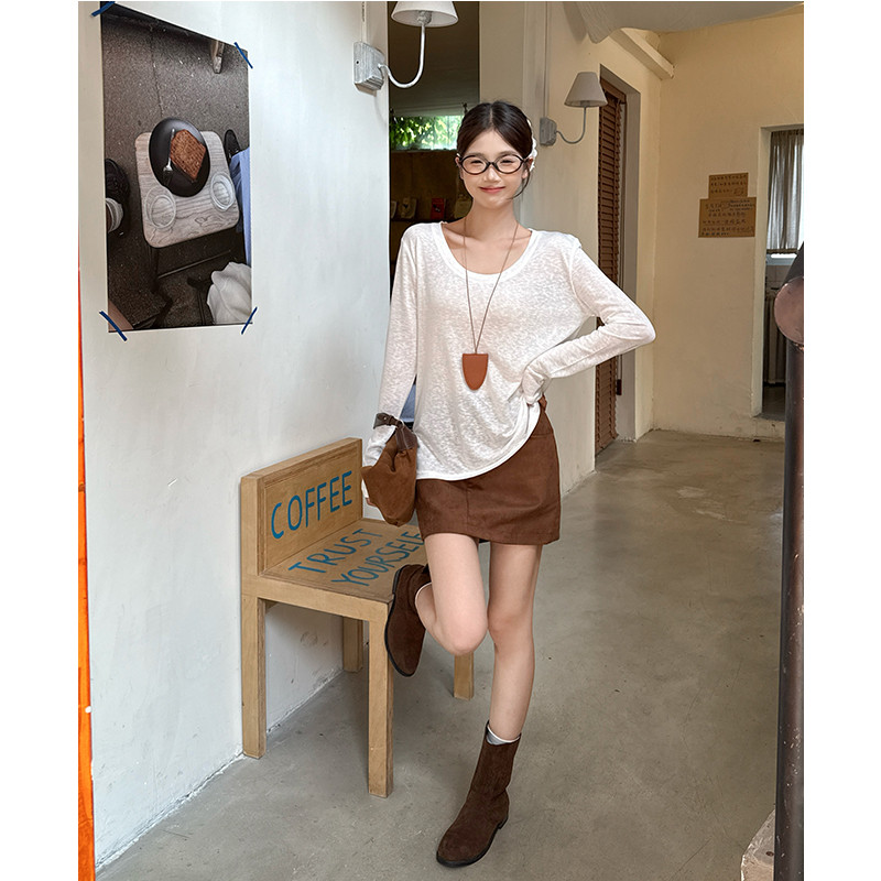 여성 데일리 베이직 U넥 긴팔 니트 티셔츠 어깨 스카프 코디 레이어드 봄 가을 상의 - 상세 이미지 3