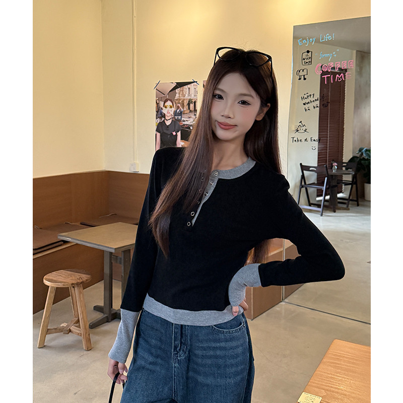 여성 루즈핏 헨리넥 배색 골지 긴팔 니트 티셔츠 데일리 캐주얼 출근룩 이너 상의 베이직 코디 봄 가을 - 상세 이미지 2