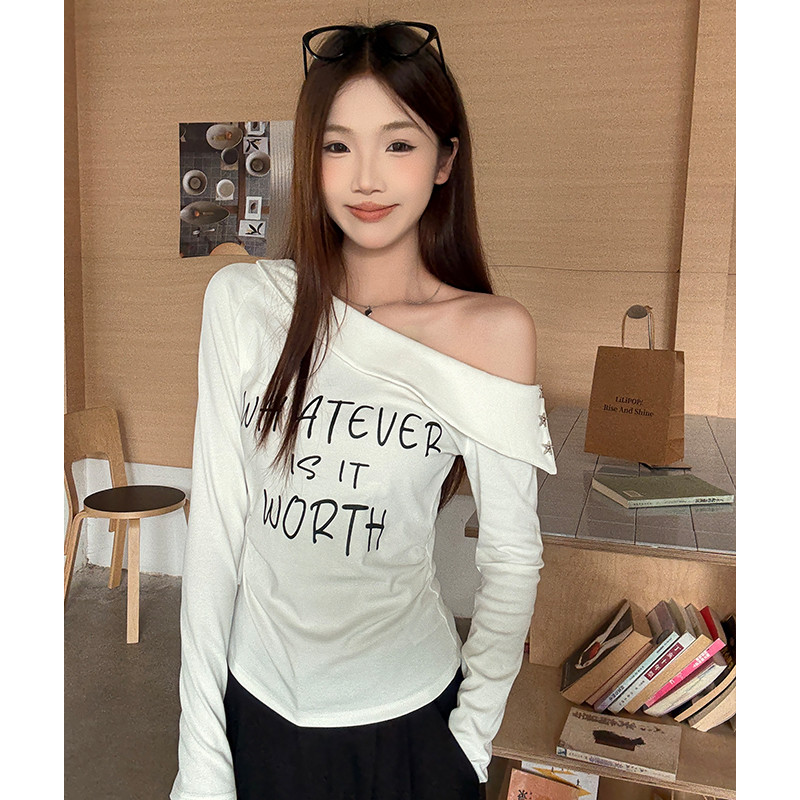 여성 오프숄더 긴팔 티셔츠 언발란스넥 슬림핏 베이직 데일리 니트 이너 가을 오피스룩 코디룩 상의 - 상세 이미지 3