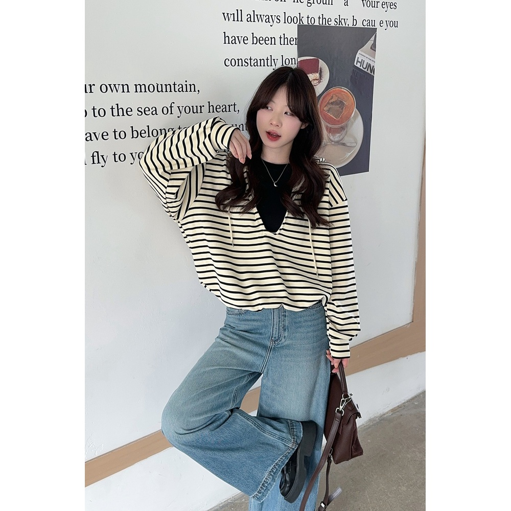 빅사이즈 스트라이프 후드티 루즈핏 페이크 레이어드 이미지 6
