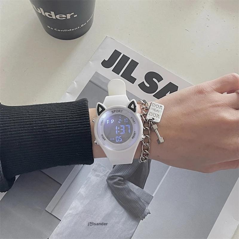 귀여운 고양이 전자 학생용 다기능 야광 스포츠 블랙 다이얼