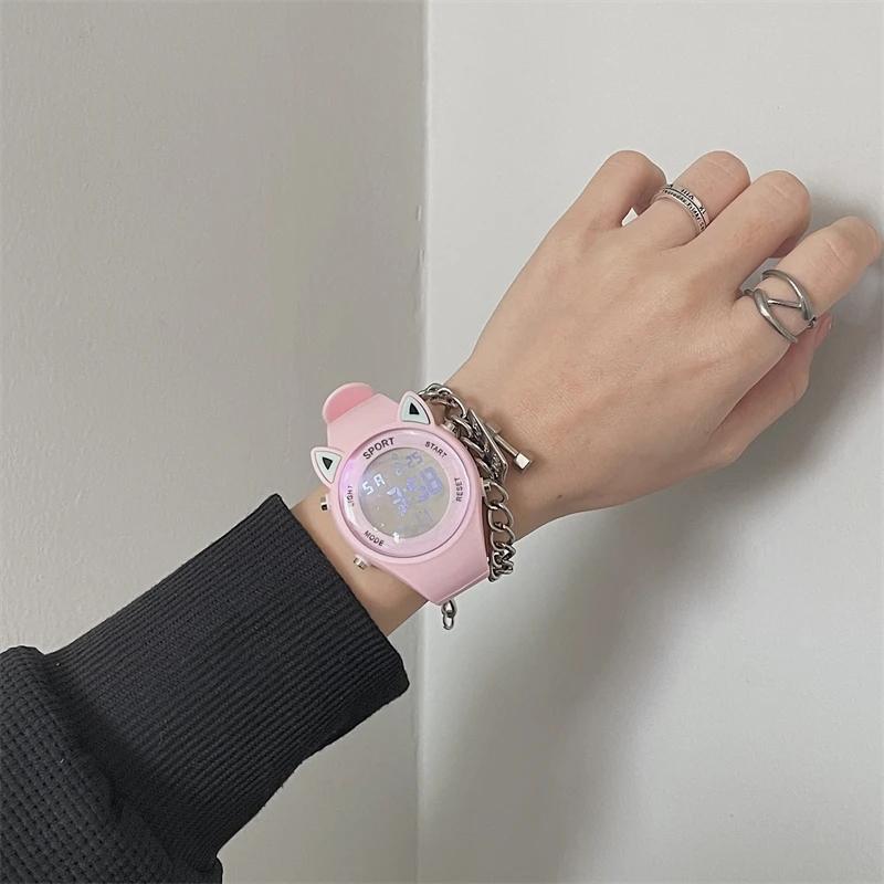 귀여운 고양이 전자 학생용 다기능 야광 스포츠 블랙 다이얼