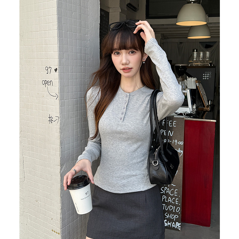 여성 긴팔 슬림핏 골지 라운드넥 데일리 티셔츠 캐주얼 이너웨어 베이직 기본 봄 가을 - 상세 이미지 5