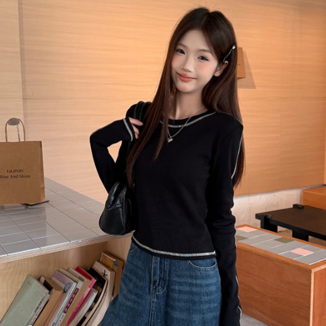 여성 데일리 슬림핏 라운드넥 긴팔 골지 티셔츠 가을 기본 베이직 이너 상의 - 상품 이미지