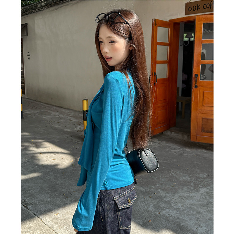 여성 긴팔 티셔츠 슬림핏 가을 레이어드룩 라이오셀 소재 시크한 스타일 예쁜 디자인 러플 포인트 캐주얼 웨어 - 상세 이미지 4