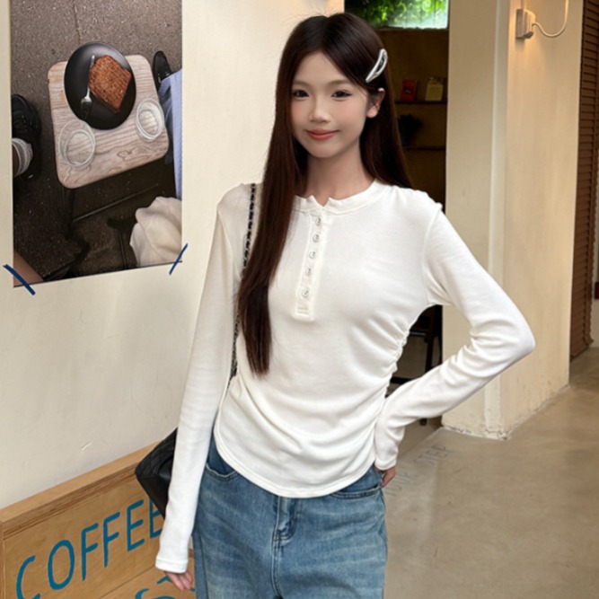 여성 라운드넥 헨리넥 버튼 골지 긴팔 슬림핏 니트 티셔츠 가을 데일리 오피스 출근룩 캐주얼 기본 상의 간절기 - 상품 이미지