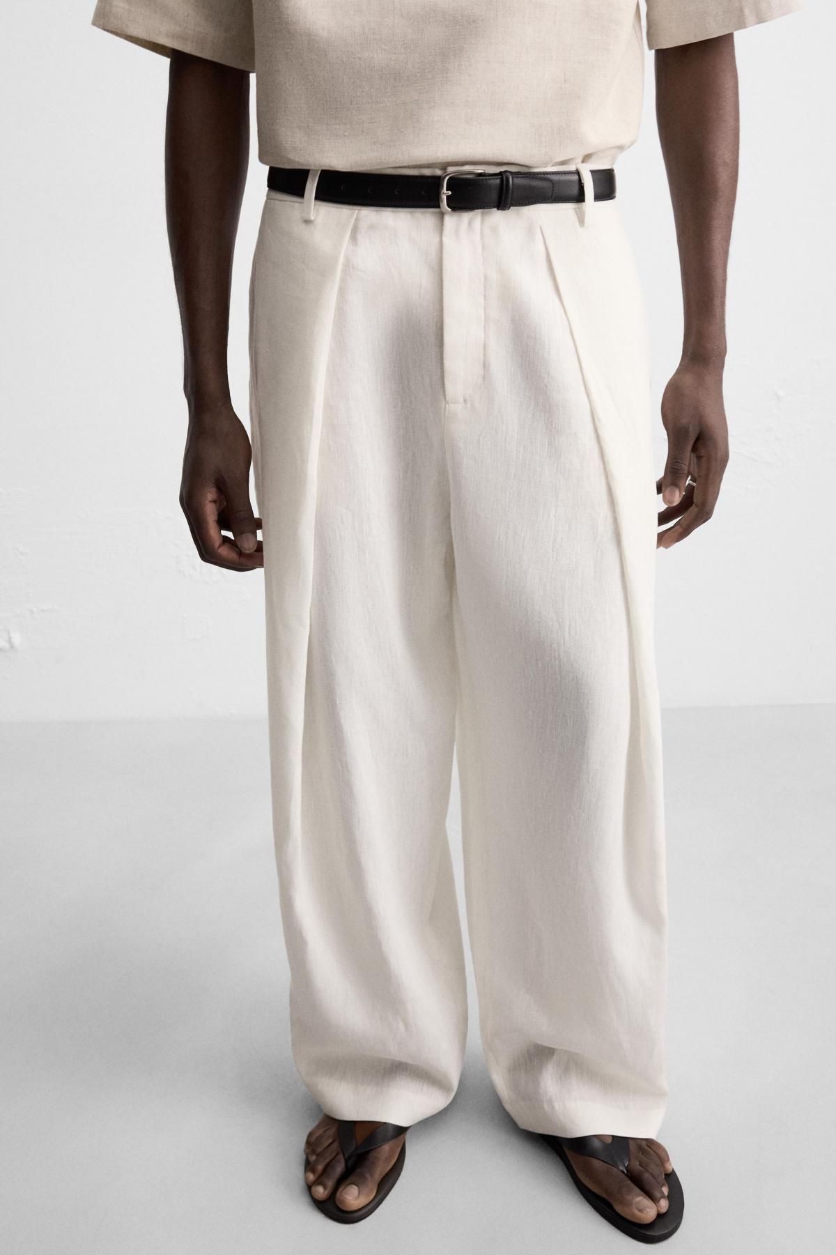 자라 린넨 플리츠 와이드 팬츠 4901/411 OYSTER-WHITE - 상품 이미지