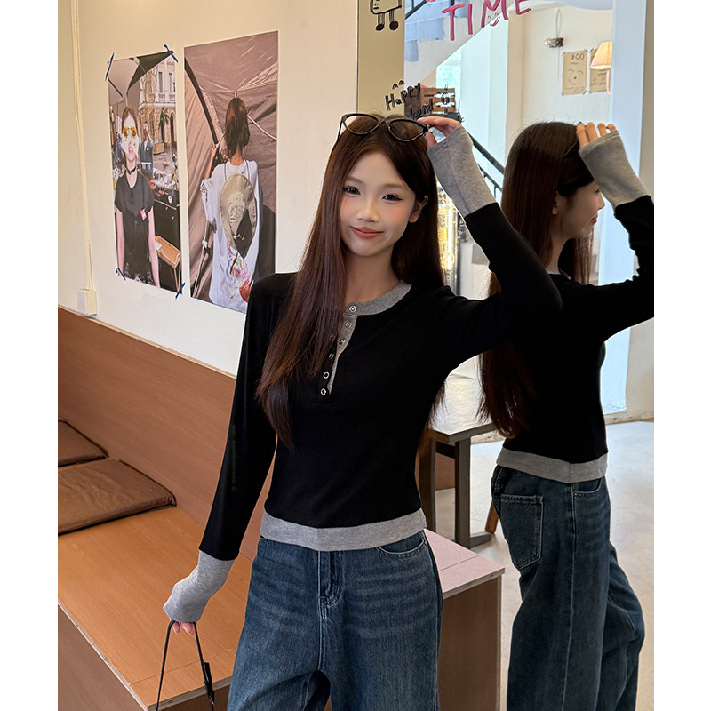 여성 루즈핏 헨리넥 배색 골지 긴팔 니트 티셔츠 데일리 캐주얼 출근룩 이너 상의 베이직 코디 봄 가을 - 상세 이미지 3