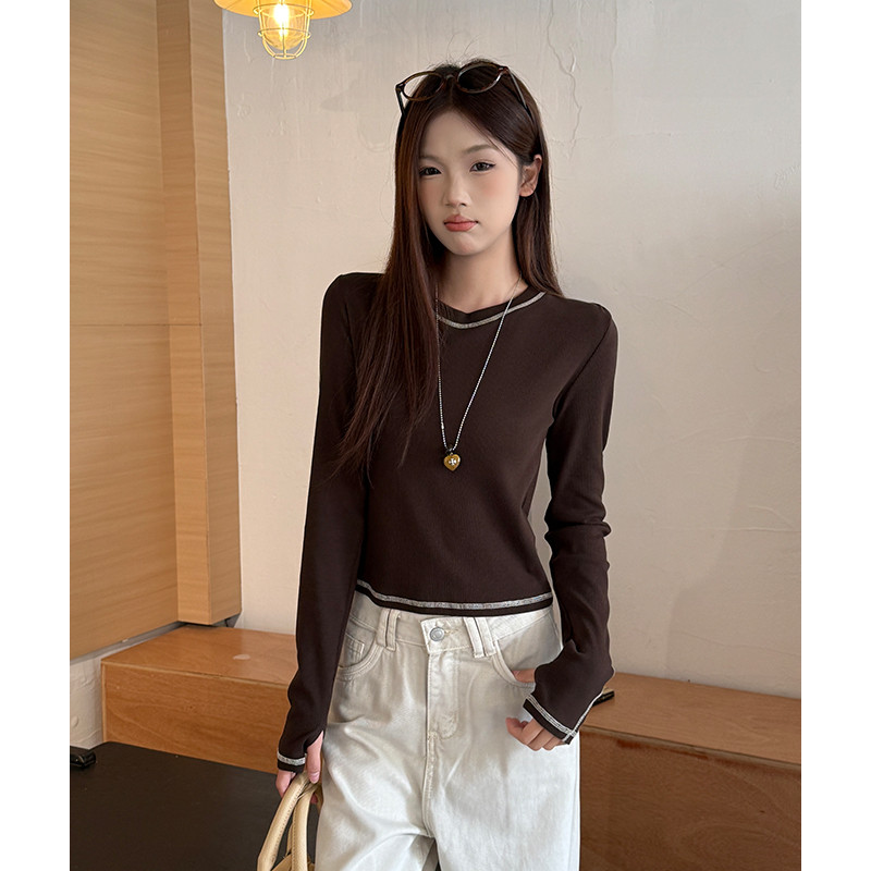 여성 데일리 슬림핏 라운드넥 긴팔 골지 티셔츠 가을 기본 베이직 이너 상의 - 상세 이미지 5