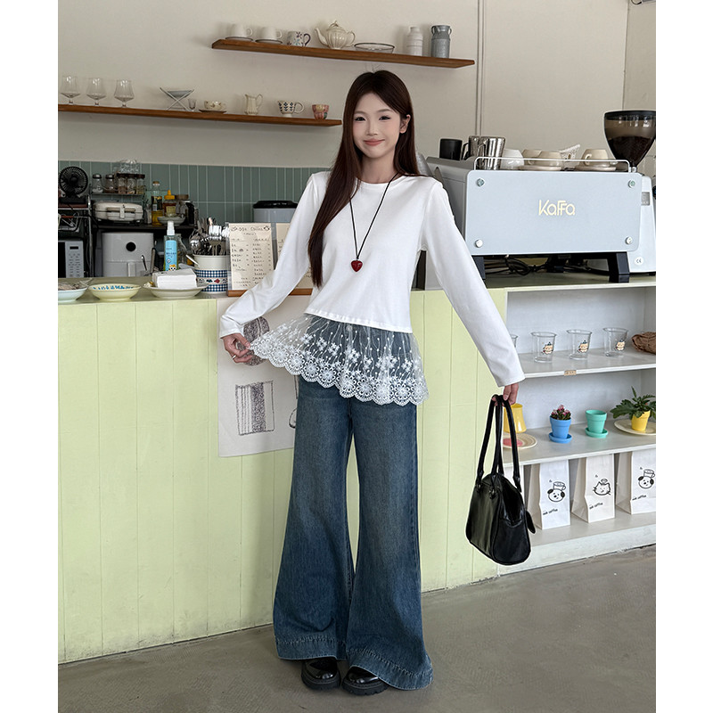여성 봄 가을 데일리 루즈핏 프릴 밑단 레이스 긴팔 티셔츠 코튼 스판 캐주얼 이너 기본 코디룩 - 상세 이미지 5