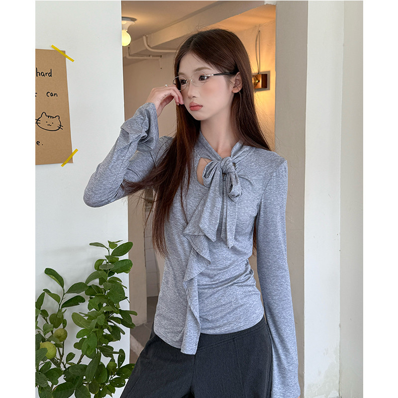 여성 긴팔 티셔츠 슬림핏 가을 레이어드룩 라이오셀 소재 시크한 스타일 예쁜 디자인 러플 포인트 캐주얼 웨어 - 상세 이미지 2