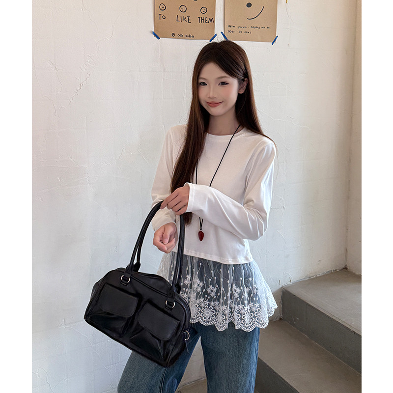 여성 봄 가을 데일리 루즈핏 프릴 밑단 레이스 긴팔 티셔츠 코튼 스판 캐주얼 이너 기본 코디룩 - 상세 이미지 3