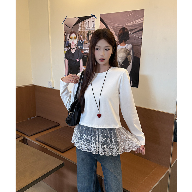 여성 봄 가을 데일리 루즈핏 프릴 밑단 레이스 긴팔 티셔츠 코튼 스판 캐주얼 이너 기본 코디룩 - 상세 이미지 2