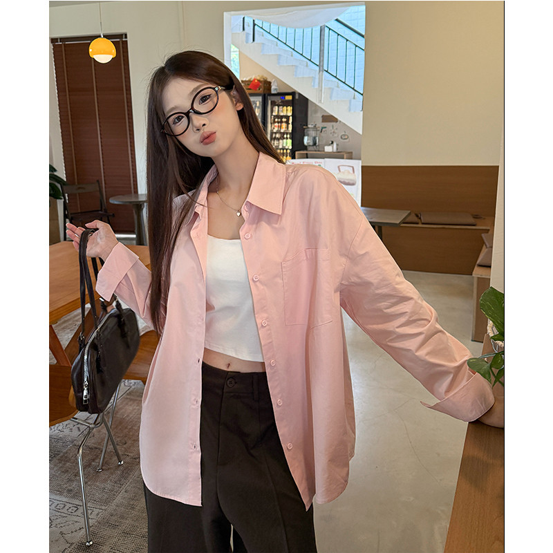 여성 오버핏 카라 코튼 긴팔 셔츠 베이직 데일리 오피스 단추 블라우스 봄 가을 - 상세 이미지 2