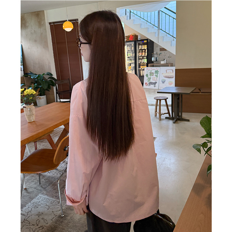 여성 오버핏 카라 코튼 긴팔 셔츠 베이직 데일리 오피스 단추 블라우스 봄 가을 - 상세 이미지 3