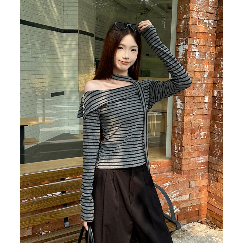 여성 오프숄더 넥워머 스트라이프 긴팔 티셔츠 슬림핏 유니크 시크 캐주얼 데일리 코디 가을 이너 니트탑 - 상세 이미지 4