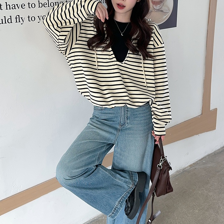빅사이즈 스트라이프 후드티 루즈핏 페이크 레이어드 - 상품 이미지