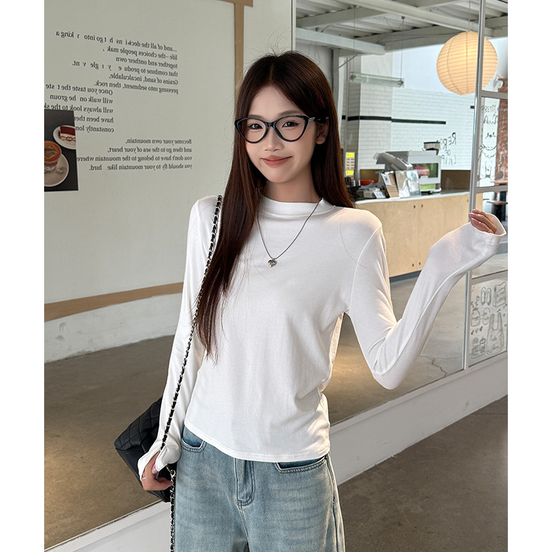 여성 베이직 슬림핏 긴팔 라운드넥 티셔츠 찰랑 스판 부드러운 데일리 이너 오피스룩 가을 간절기 코디 - 상세 이미지 3