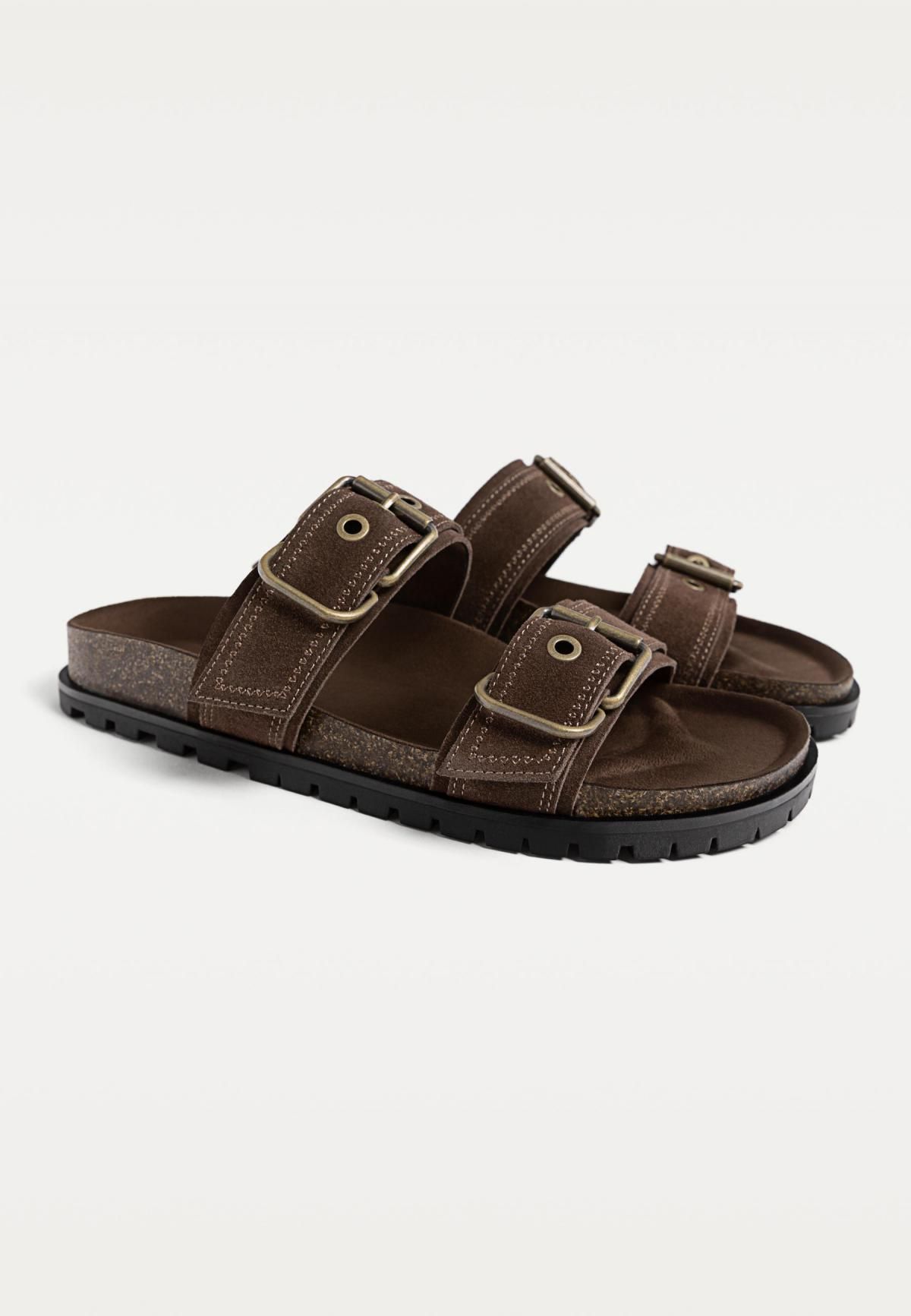 스트라디바리우스 트렌디 레더 스트랩 버클 플랫 샌들 9257/570 BROWN - 상세 이미지 5