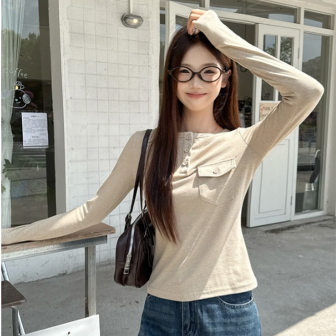 여성 베이직 슬림핏 헨리넥 라운드넥 포켓 긴팔티 데일리 캐주얼 티셔츠 간절기 봄 가을 - 상품 이미지