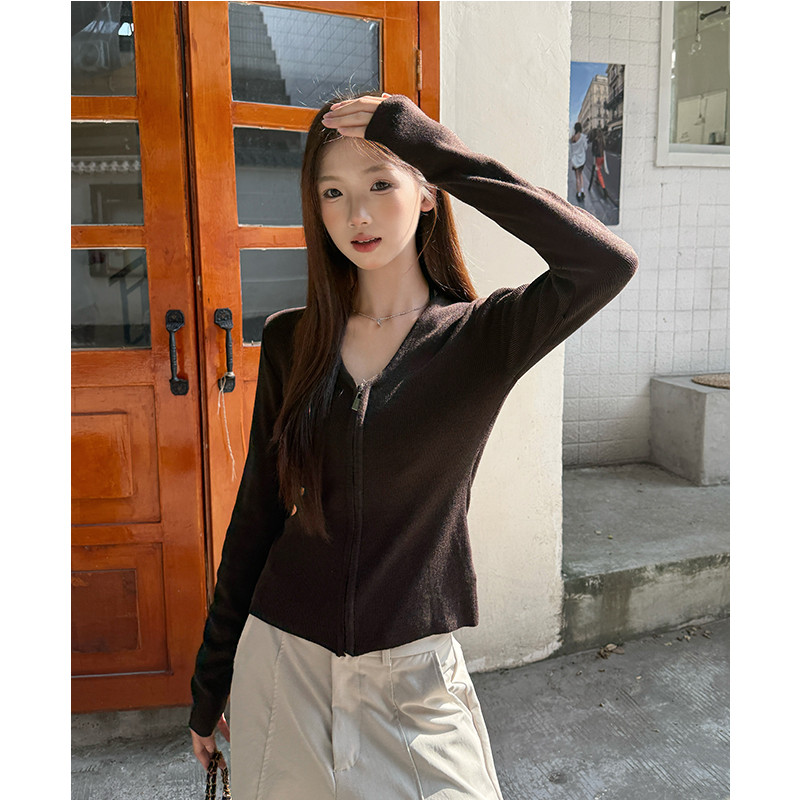 여성 V넥 집업 니트 가디건 슬림핏 긴팔 가을 데일리룩 오피스룩 출근룩 베이직 간절기 아우터 상의 스웨터 - 상세 이미지 4