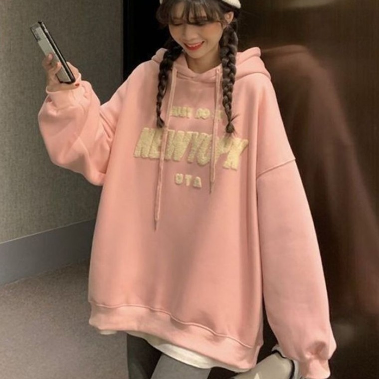 뽀글이영문 여성 후드티 오버핏 기모 긴팔 티셔츠 - 상품 이미지