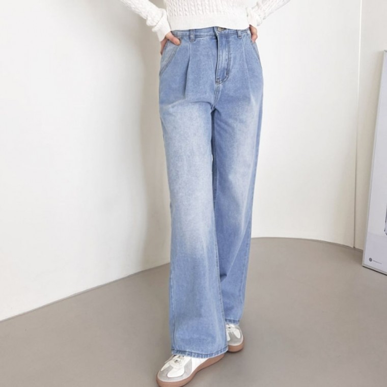 핀턱 여성 와이드 청바지 데일리 워싱 데님 팬츠 연청 - 상품 이미지