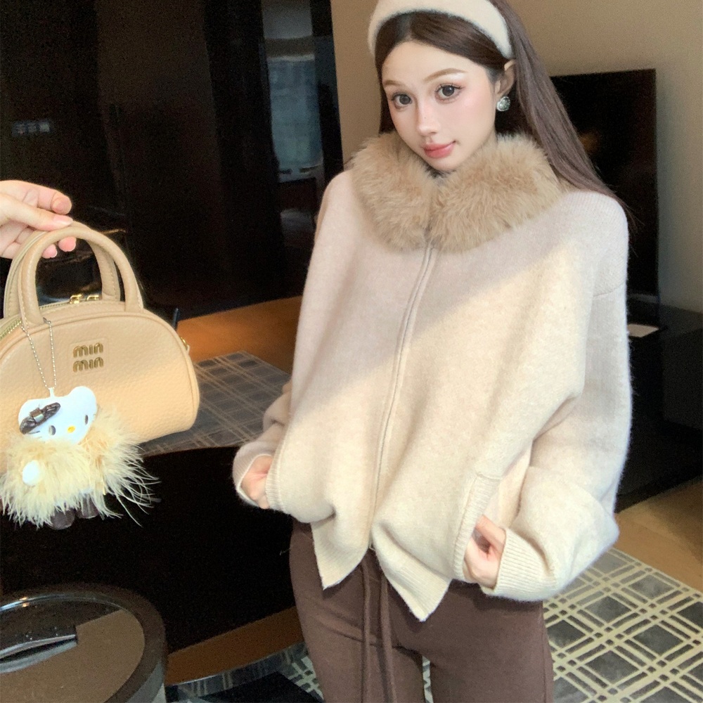 겨울 루즈핏 퍼카라 후드 니트집업 가디건 레이스 이너탑 브라운 슬림핏 팬츠 세트 - 상세 이미지 2