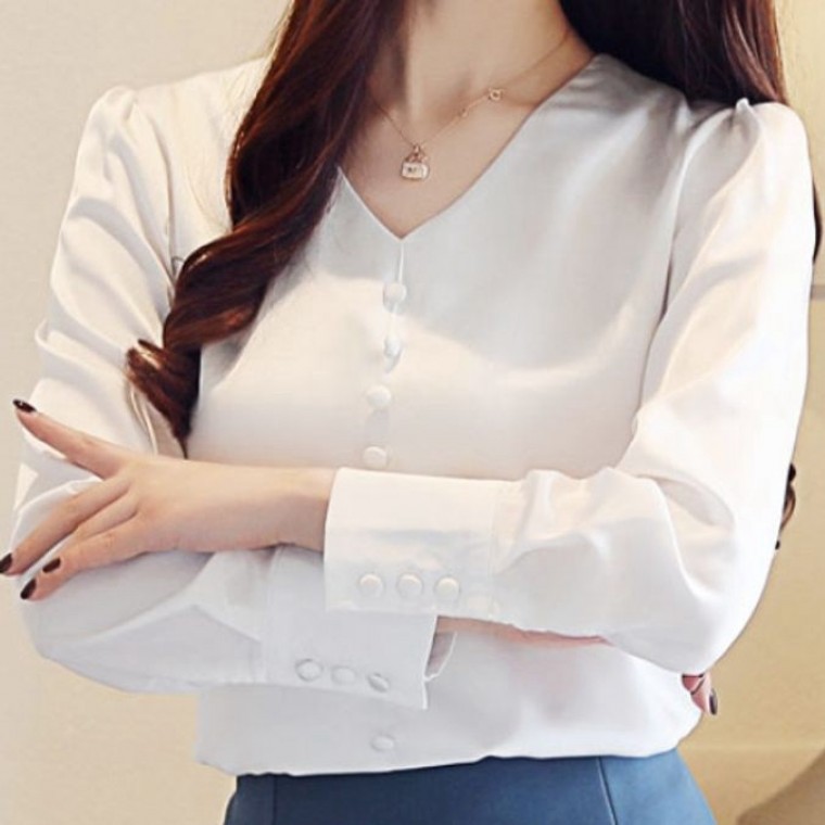 여성 블라우스 화이트 브이넥 여자 캐주얼 셔츠 - 상품 이미지