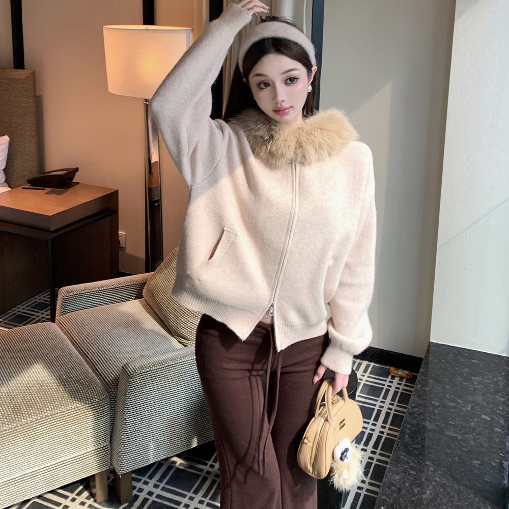 겨울 루즈핏 퍼카라 후드 니트집업 가디건 레이스 이너탑 브라운 슬림핏 팬츠 세트 - 상품 이미지
