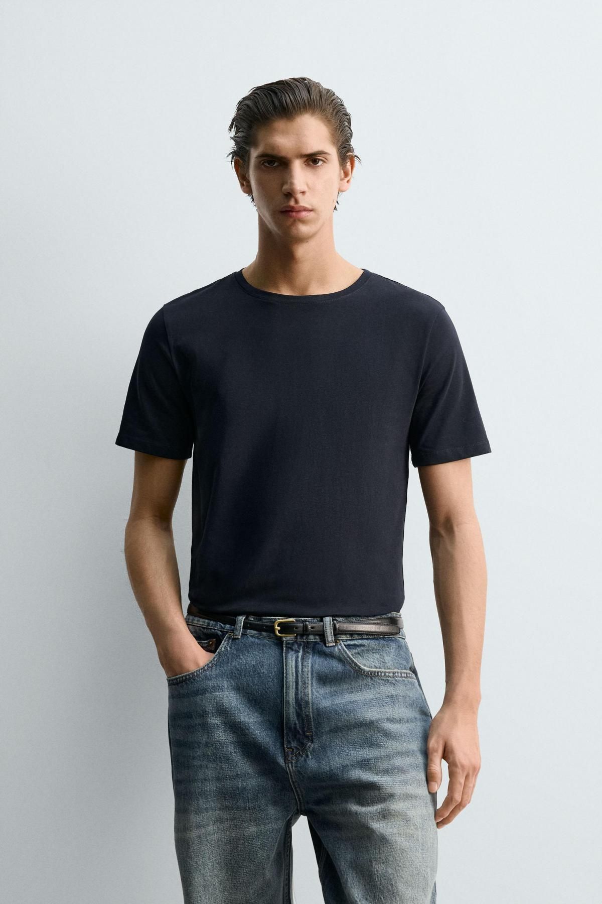 자라 슬림핏 베이직 라운드넥 반팔 티셔츠 6019/361 NAVY BLUE - 상세 이미지 3