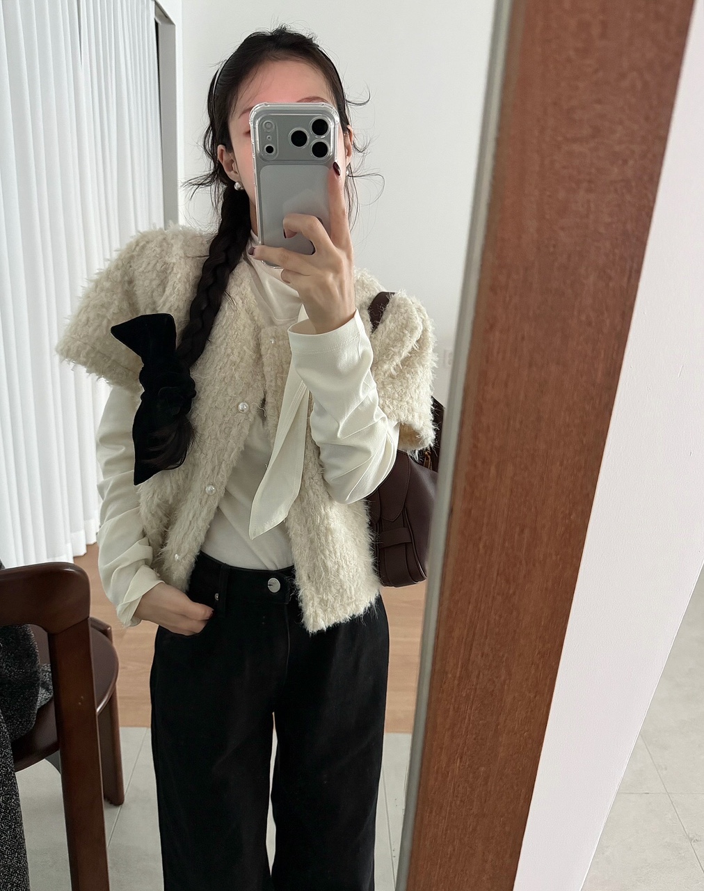 프버 여성 겨울 라운드 레이어드 이너 반팔 퍼 가디건 제품 이미지