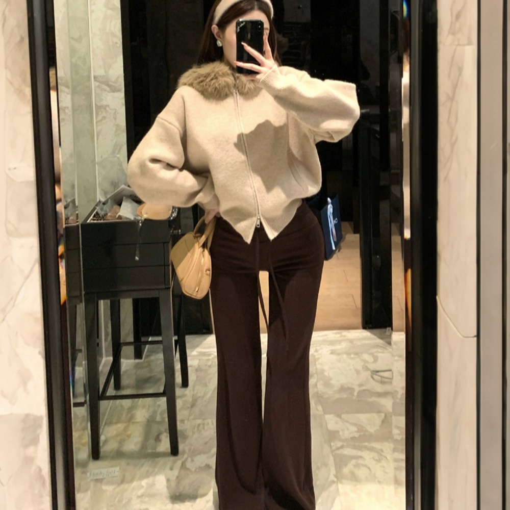 겨울 루즈핏 퍼카라 후드 니트집업 가디건 레이스 이너탑 브라운 슬림핏 팬츠 세트 이미지 8